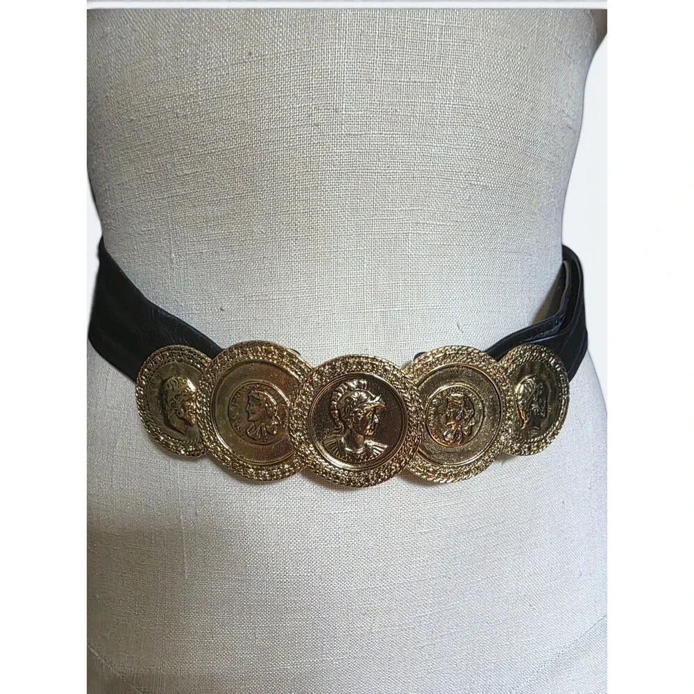 Vintage Leather Shop Black Leather Belt Gold Coin Medallion Roman Greek Bust